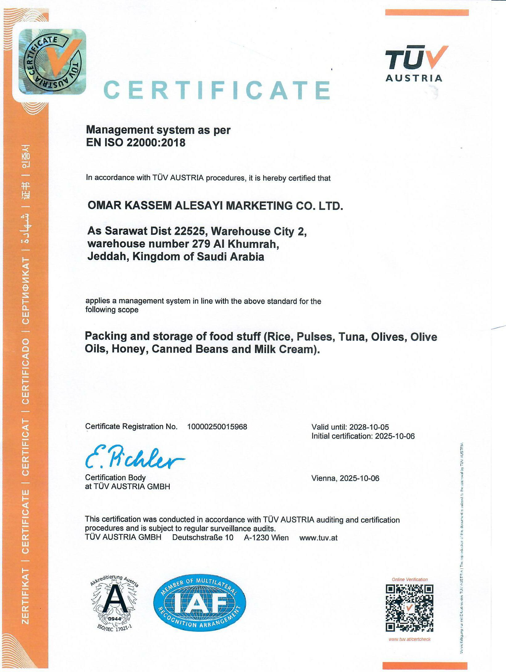 ISO 22000:2018 Food Safety Management System Certification.