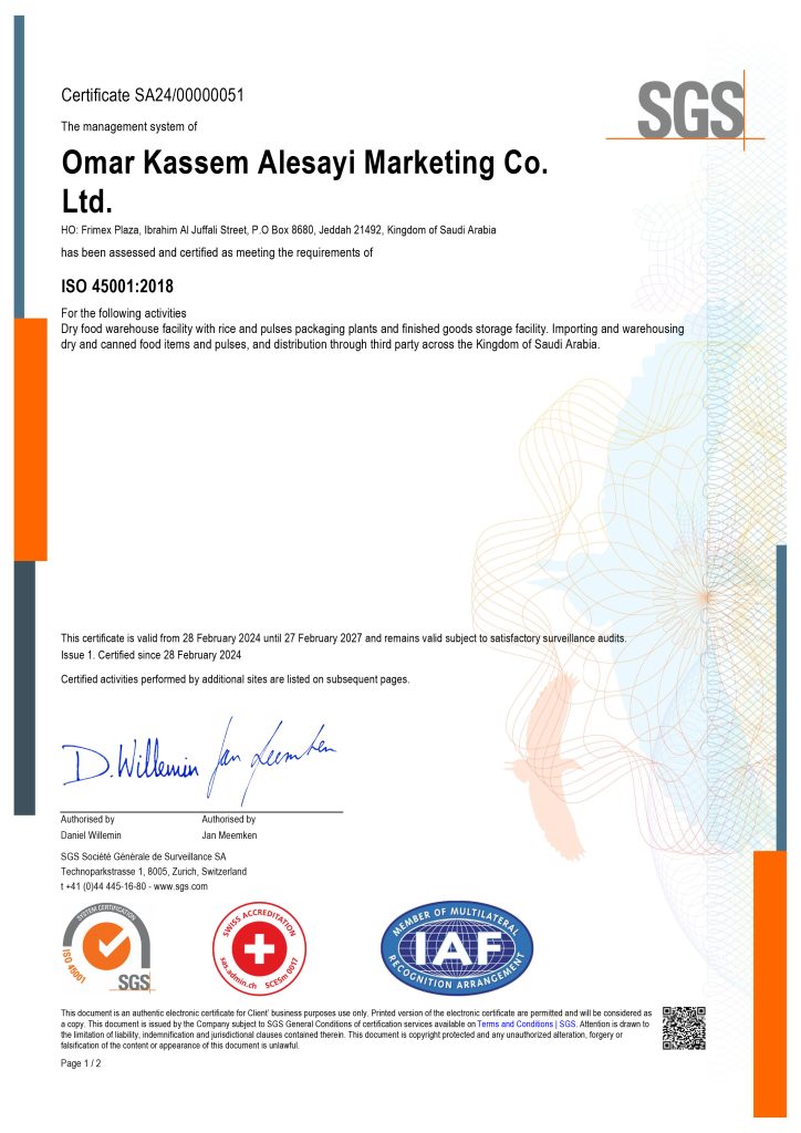 ISO 45001 Initial Certification 2024 for Omar Kassem Alesayi Marketing Co. Ltd.